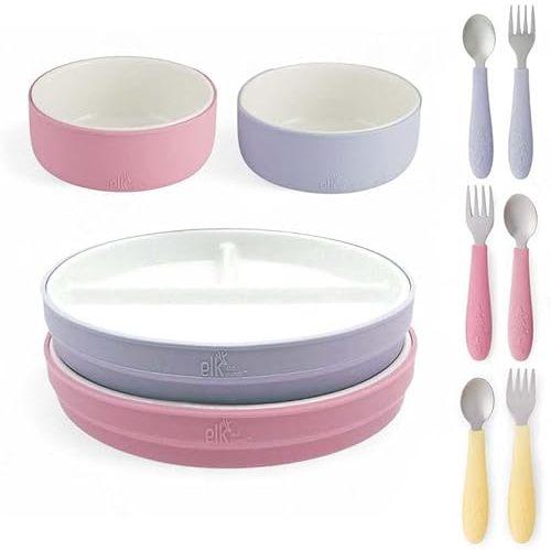 Elk and Friends Kids Porcelain Mealtime Bundle | 10 Pcs Dinnerware Set | Plates Bowls & Toddler Utensils | Microwave & Dishwasher Safe