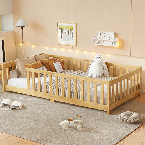 Bellemave Twin Size Floor Beds, Wood Montessori Bed with Fence Railings & Support Slats, No Box Spring Needed (Natural）
