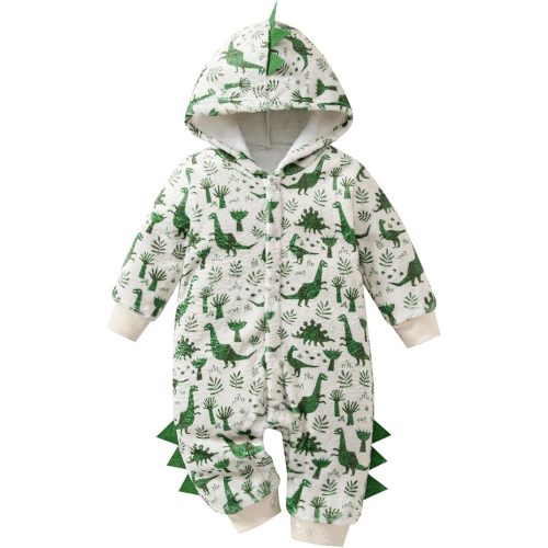Baby Boys Dinosaur Outfit Fleece Bodysuit Infant One Piece Hooded Button Romper Outerwear Jumpsuit Toddler Jackets
