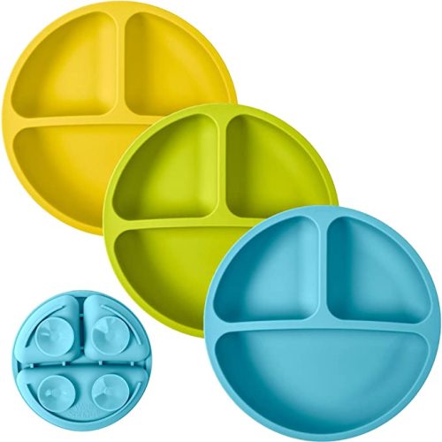 WeeSprout Suction Plates for Babies & Toddlers - 100% Silicone, Dinnerware Stays Put, Divided Design for Picky Eaters, Microwave & Dishwasher Friendly, 3 Pack - Bright Green, Blue & Yellow - Without Lids
