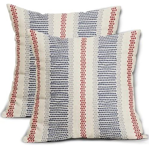 Blue Red Pillow Covers 18x18 Set of 2 Gray Grey Dot Print Striped 4th of July Patriotic Decorative Outdoor Pillowcases Boho Rustic Farmhouse Decorative Throw Cushion Case Decor for Couch Sofa Bed