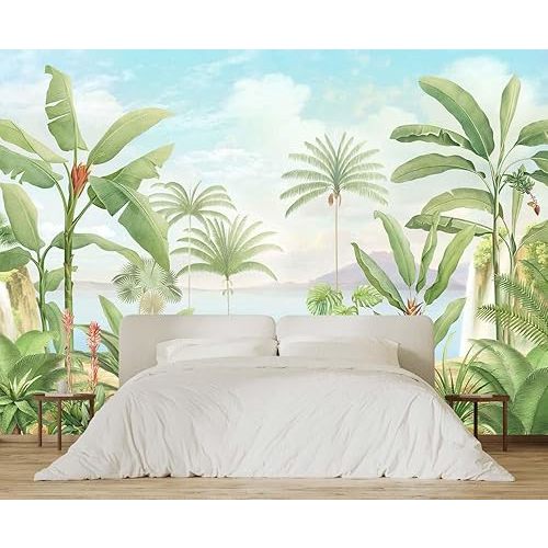 Green Banana Leaf Wallpaper Tropical Botanical Monstera Leaves Sea Mountain Cloud Wall Mural for Bedroom Livingroom (Not Self-Adhesive)