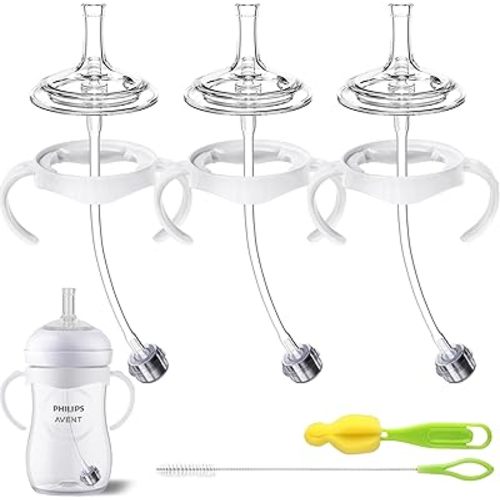 Plastic-Free Straw Cup Conversion Kit for Philips Avent Natural Baby Bottle, Sippy Cup Transition Kit with All Silicone Straw Top Nipples, Metal Weighted Straws, Brush & Handles for Toddler 6+ Month