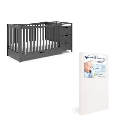 Graco REMI Convertible Crib & Changer with Premium Foam Crib and Toddler Mattress - Gray