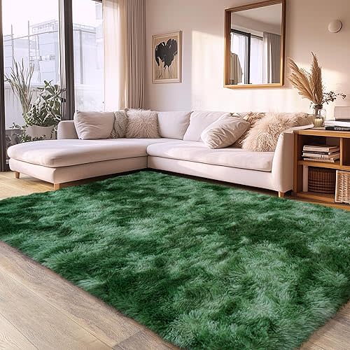 Tie-Dyed Green Fluffy Rug for Bedroom 6x9 ft - Ultra Soft & Non Slip Shaggy Area Rug, Comfy Durable Carpet for Living Room Kids Room Teens Dorm Home Decor, 1.7'' Thick Indoor Plush Carpets