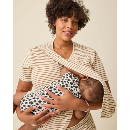 Luxe Terry Maternity & Nursing Split Hem T-shirt | Ivory & Chocolate Stripe – Kindred Bravely