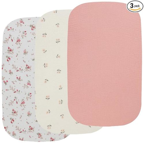 Onacosht Muslin Bassinet Sheets 3 Pack, 100% Cotton Baby Fitted Sheet 33" x 19" Compatible with Mika Micky, KoolaBaby (3 in 1), BabyBond, HARPPA and RICUTON Bedside Bassinet, Solid Pink and Floral
