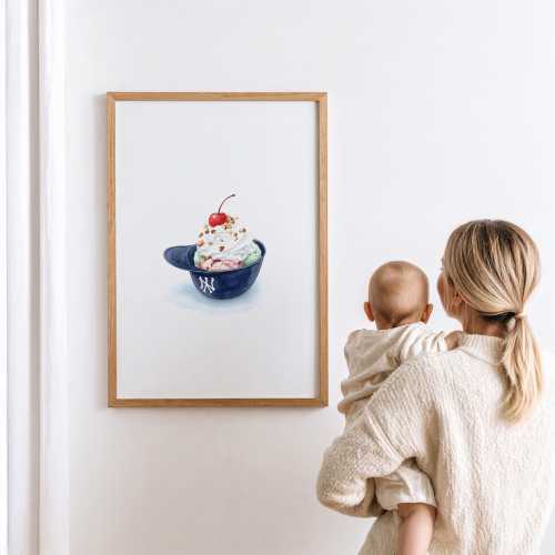 Yankees Nursery Prints | Watercolor Baseball Art, Babe & Teddy Bear (Instant Download)