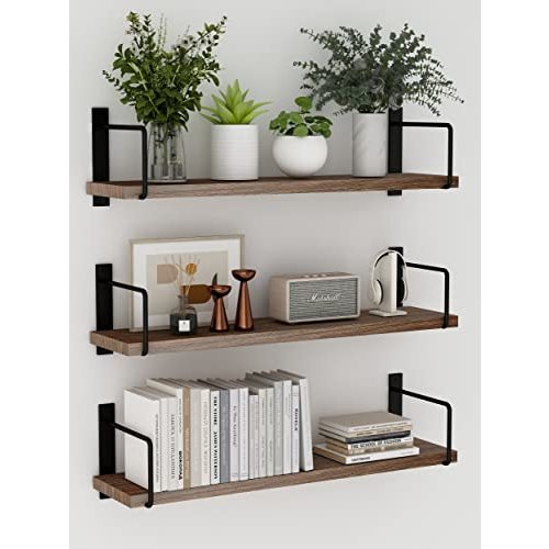 EALLRINEC Floating Shelves - 24 Inch Wall Mounted Set of 3 Rustic Wood Shelves for Wall Decor and Living Room Storage (Brown)
