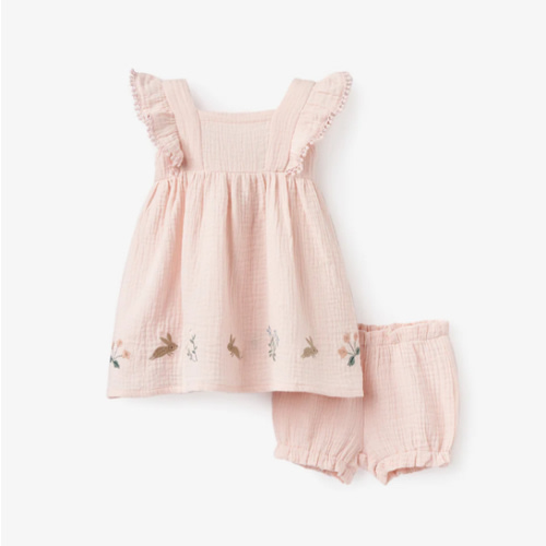 Blush Pink Garden Picnic Embroidered Organic Muslin Dress w/ Bloomer