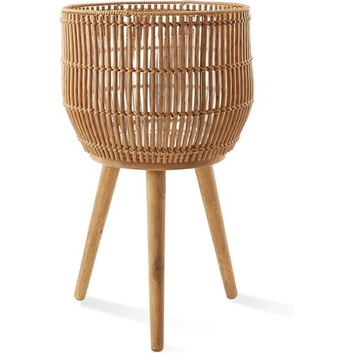 Casafield Indoor Planter with Stand, Natural Floor Planter with Wood Legs, Large Plant Pot Cover with Liner for Houseplants, Flower Pots and Trees