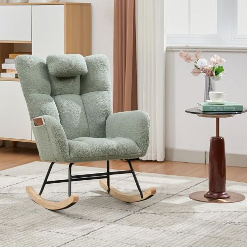 Nursery Glider Rocker, Teddy Upholstered with Wood Legs for Living Room,Bedroom Nursery Includes Side Pockets