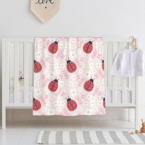 Cute Ladybug Baby Blanket for Girls & Boys, Soft Plush Throw Blanket, Toddler & Newborn, Nursery, Stroller, Crib, Shower Gift - 30x40 Inches