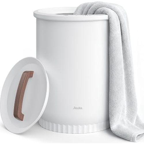 Asuka Towel Warmer, Large Towel Warmer for Bathroom with Wood Handle, 4 Delay Settings&Auto Shut Off, Towel Warmer Bucket Fits Two 40"X70" Oversized Towels, Bathrobes, Blankets, PJ's and More, White