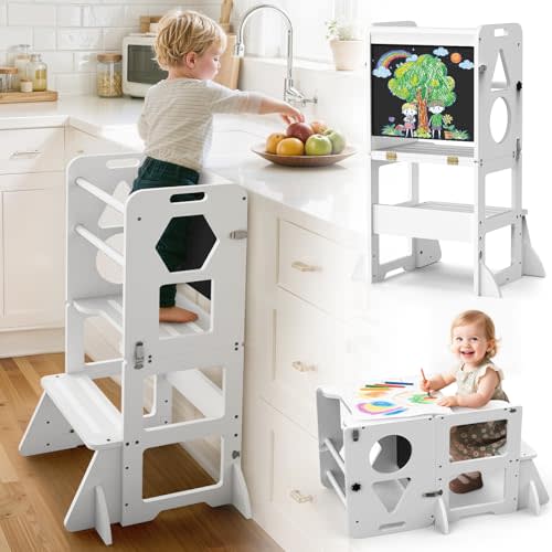 4 in-1 Toddler Kitchen Step Stool, Foldable Learning Standing Tower with Blackboard, Wooden Kitchen Stool Helper for Kids, 1-3 Year Old Boy Girl Gifts - White