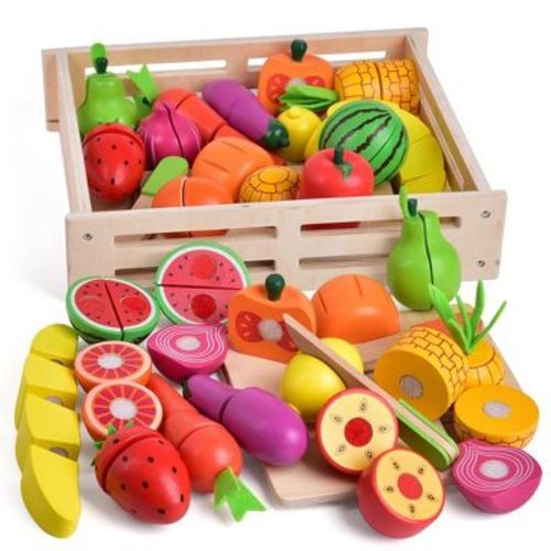 Fun Little Toys 35 PCS Wooden Cutting Food Set, Pretend Play Kitchen Accessories for Kids