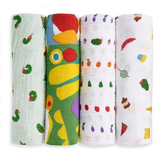 aden + anais Essentials Cotton Muslin Swaddle, Breathable Baby Blanket, Ideal for Newborns, Babies & Infants, Receiving Blanket, Soft and Lightweight Wrap, 4 Pack, Very Hungry Caterpillar