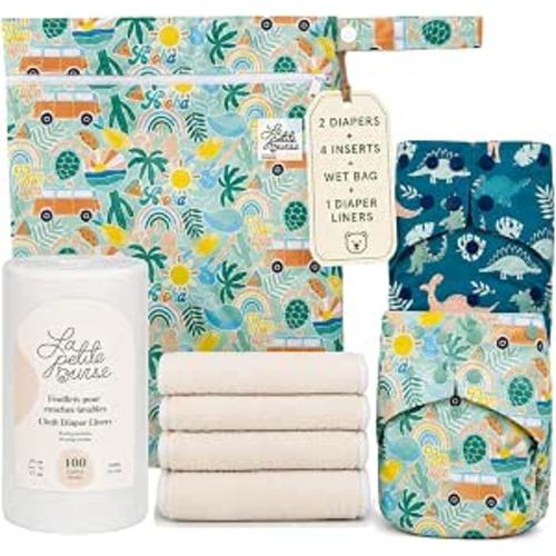 LA PETITE OURSE 2 One Size Snap Diapers with 4 Bamboo Inserts | - Cloth Diapers for Babies - 100 Sheets (Diaper Liner Roll) + 1 Wet Dry Bag - for Babies Weighing 10–35 Pounds - Hippie