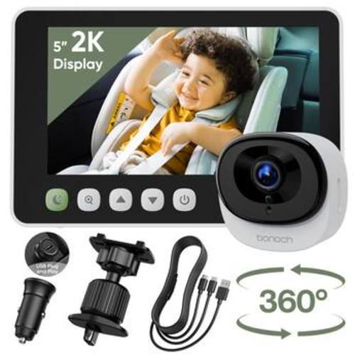 bonoch - 5" 2K Baby Car Camera with 360° Rotating Wide-View Camera, Auto Night Vision, Plug-and-Play Car Baby Monitor - White