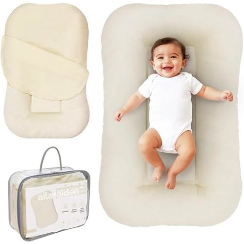 Aila + Aiden Baby Lounger | Organic Cotton Infant Lounger | Adjustable & Portable Floor Lounger |Supervised Use | Soft, Breathable, Washable Cover - Snuggle Collection - (Tan)