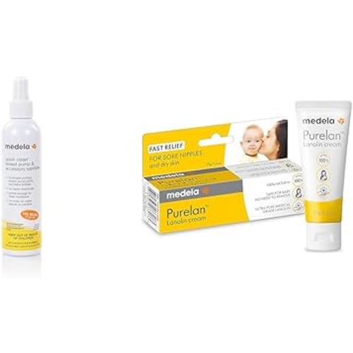 Medela Quick Clean Breast Pump Sanitizer Spray Eliminates 99.9% Bacteria and Medela Purelan 100% Natural Lanolin Nipple Cream Breastfeeding Essentials