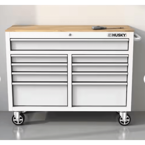 Tool Storage 46 in. W x 18 in. D 9-Drawer Gloss White Mobile Workbench Cabinet