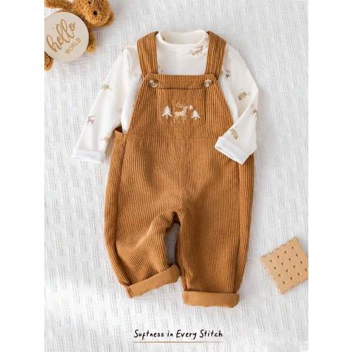 Cozy Pixies 2pcs Baby Boy Reindeer Cartoon Pattern Knit Soft Crew Neck Long Sleeve Pullover Top And Brown Tone Bib Overalls Pants Set Fall Winter | SHEIN USA