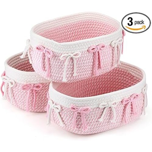 Geelin 3 Pcs Pink Bow Baskets for Gift Cute Coquette Woven Rope Gift Baskets Rectangle Shelf Organizer Laundry Hamper Storage Bins for Closet Bedroom Decor Nursery Toys Organizing, 11.8''x7.8''x4.7''