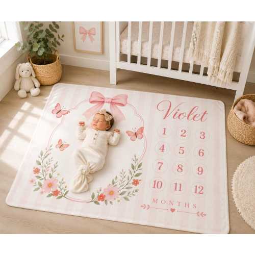 Personalized Baby Girl Milestone Blanket, Pink Bow Baby Shower Gift, Custom Monthly Milestone Blanket, Butterfly Floral Baby Blanket