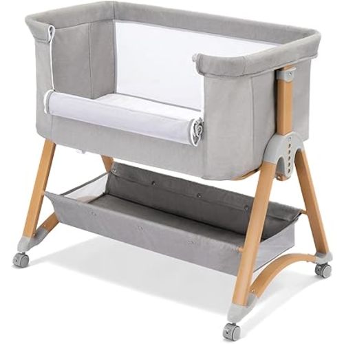 Baby Bassinet Bedside Bassinet with Large Storage Basket, Cozy Mattress, Rocking Mode, Adjustable Heights, Portable Bedside Crib for Newborn(Light Grey)
