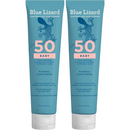 Blue Lizard BABY Mineral Sunscreen with Zinc Oxide,SPF 50+,Water Resistant,UVA/UVB Protection with Smart Cap Technology - Fragrance Free,5 oz. Tube,(Pack of 2)