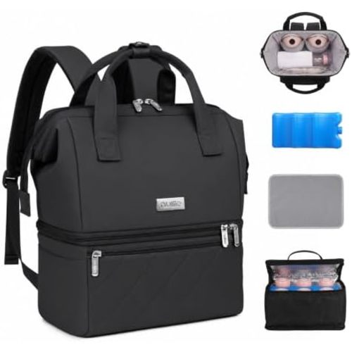 Nuliie Wearable Breast Pump Bag with Cooler Compartment, Double Layer Pumping Bag with Ice Pack, Breast Milk Cooler Travel Bag with Waterproof Mat, Fits 6 Baby Bottles up to 10 oz, Black