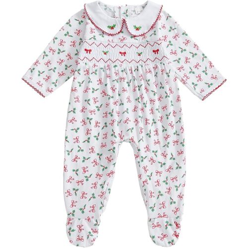 Newborn Baby Girl Christmas Outfit Smocked Bow Holly Leaf Embroidery Footie Romper Jumpsuit Xmas Clothes