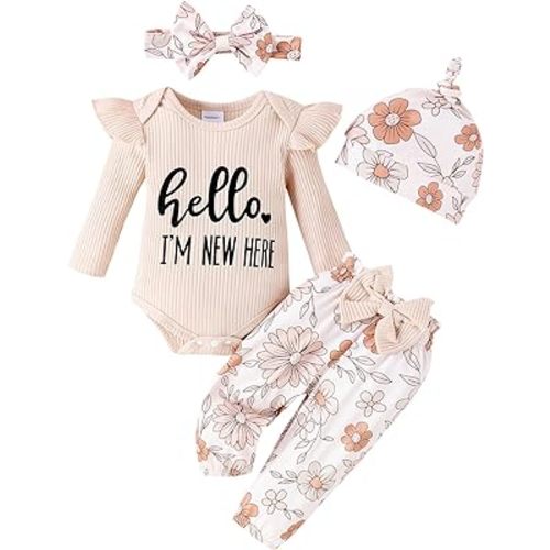 Sinhoon Newborn Baby Girl Clothes Hello I'm New Here Letter Romper+Floral Pants+Hat+Headband+Coming Home Outfits