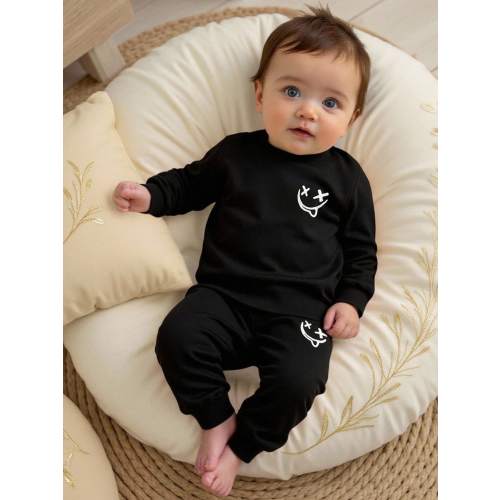 SHEIN Newborn Casual Solid Color & Printed Top And Pants Set