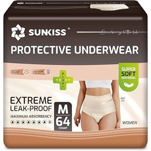 SUNKISS Women Incontinence Underwear, Daytime Disposable Postpartum Adult Panties, Protective Pull Ups with Maximum Absorbency, Medium, Beige, 64 Count
