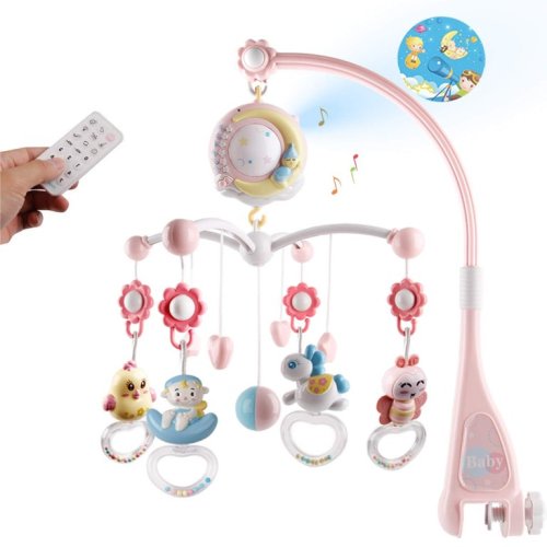 Baby Musical Crib Mobile with Projection Function and Night Light,Hanging Rotating Teether Rattle and 150 Melodies Music Box with Remote Control,Toy for Newborn 0-24 Months(Blue,Pink)