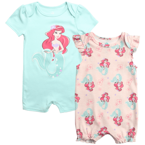 Disney Baby Girls Romper - 2 Pack Minnie Mouse Pooh Little Mermaid Short Sleeve Bodysuit (Newborn/Infant)