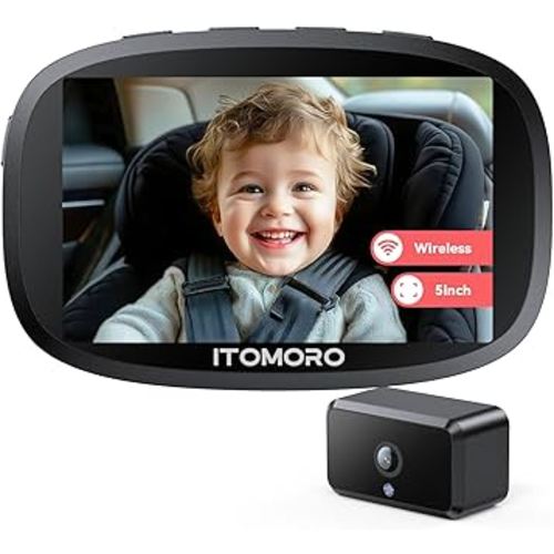 Itomoro Wireless Baby Car Camera, Rechargeable Car Baby Monitor with 5" HD 1080P Night Vision Display, Backseat Camera for Kids Max Range 1000FT, Easy Installation 360° Rotatable Rear Facing Mirrors