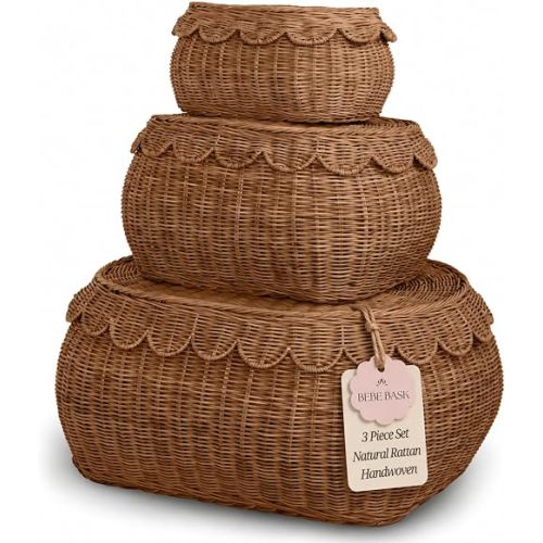BEBE BASK Large Scalloped Basket Set Of 3 - Storage Basket 22 x 16 x 10 In