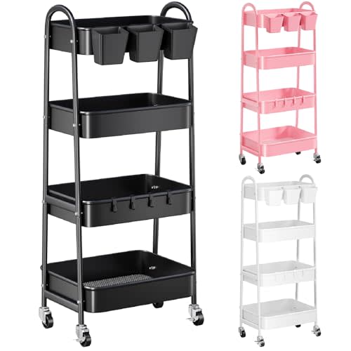 Black 4 Tier Rolling Cart Metal with Lockable Wheels, Four Tiered Tall Storage Rolling Cart on Wheels, Heavy Duty Utility Organizer Carts for Laundry, Kitchen, Dorm, Craft, Art, Snack,Mesh Basket,38in