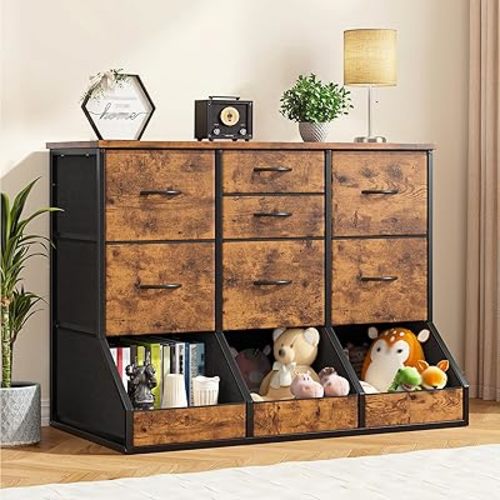 Romorgniz Dresser for Bedroom, Fabric Dresser with 7 Drawers and 3 Open Drawers, Cabinet Organizer,Dresser for Entryway,Hallway,Metal Frame & Wood Top,39.3" Wx17.7 Dx31.5 H,Brown