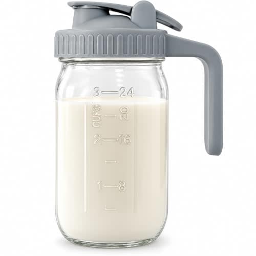 32 oz Breast Milk Pitcher, Glass Mason Jar Pitcher with Lid | Airtight, Leak Proof, Wide Mouth, Pour Spout Lid, Thick Glass, Fridge Safe, Ergonomic Handle, Easy to Clean