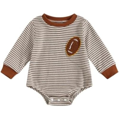 Newborn Baby Boy Girl Football Romper Waffle Knit Striped Long Sleeve Rugby Bubble Bodysuit Oversized Sweatshirt