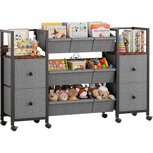 Modanais Kids Toy Organizers and Storage Bins - 7 Storage Bins + 4 Fabric Drawers + 2 Bookshelf, Playroom Storage, Mobile Cart Organizer for Toy, Clothes, Blankets and Books - Black