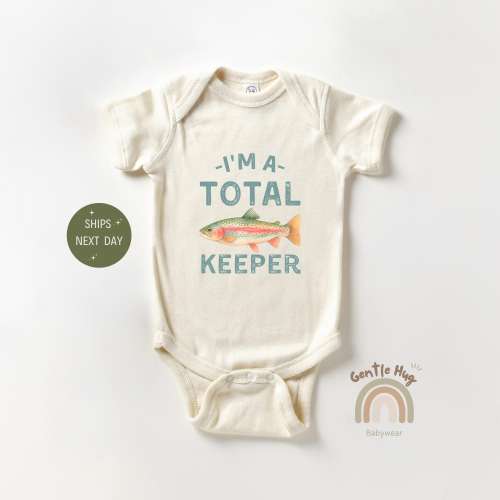 Retro I'm Total Keeper Trout Baby Onesie®, Funny Fishing Baby Bodysuit, Boho Fly Fishing Infant Outfit, Cute Outdoor Pregnancy Reveal Gift