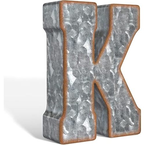 CraftyCrocodile 7" Galvanized Metal Letters for Wall Decor - 3D Letter K for Hanging & Free Standing - Decorative Rustic Alphabet Letters for the Living Room, Bedroom, Kitchen
