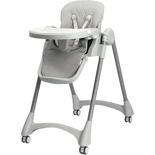 JOYMOR 4 in 1 Folding Baby High Chair for Babies to Toddlers, Infant Eating Foldable Highchair w/Leather Seat Cushion, 4-Position Removeable & Adjustable Tray, 5-Point Harness (Gray)