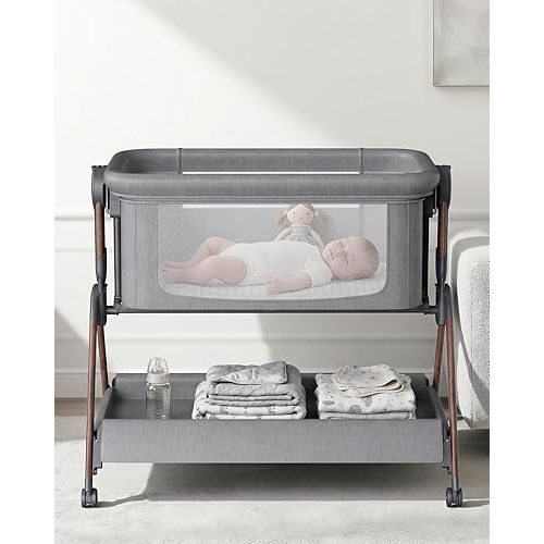 Bassinet - Baby Bassinet,3-in-1 Baby Bassinet Bedside Sleeper, Rocking Bassinet with Wheels,Comfy Mattress,Breathable Mesh,Storage,6 Height Adjustable Crib, for Day and Night(Mesh Grey)