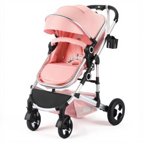 Kinder King Cozi 2 Convertible Baby Stroller, Folding High Landscape Infant Carriage, Adjustable Canopy, Diaper Bag, Anti-Shock, Pink